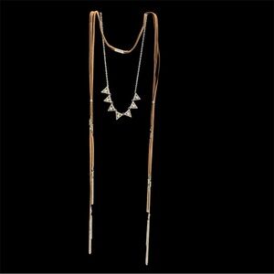 Western Suede Tassel Rhinestone Geometric BoHo Statement Necklace - 20-22in